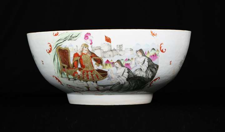 Chinese export porcelain punchbowl with james quin as coriolanus